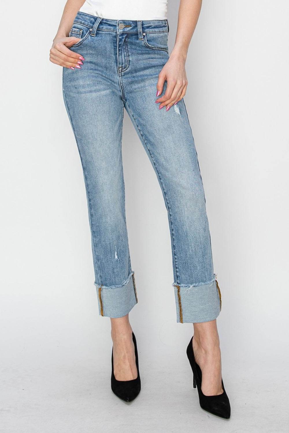 RISEN Full Size High Rise Cuffed Slim Straight Jeans - DaTrendStore.Com