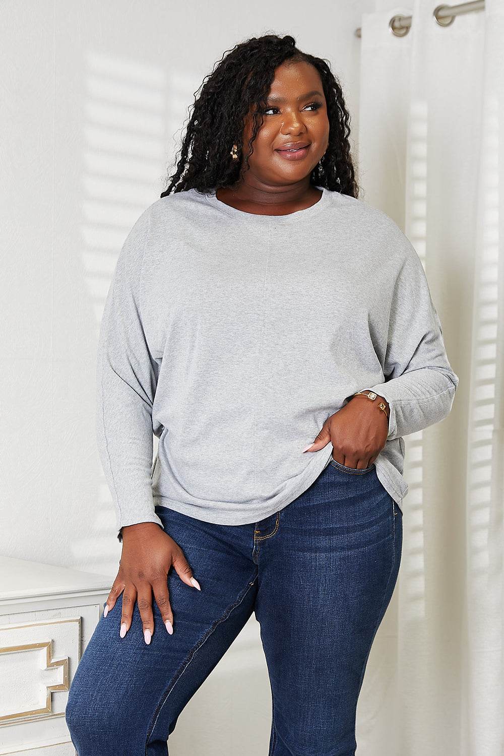 Double Take Seam Detail Round Neck Long Sleeve Top - DaTrendStore.Com