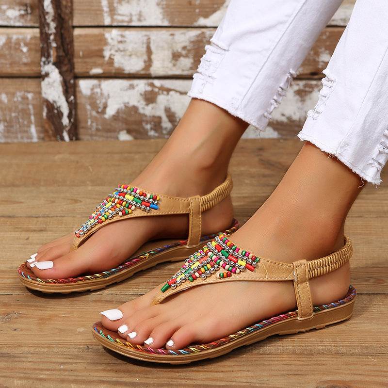 PU Leather Beaded Flat Sandals - DaTrendStore.Com