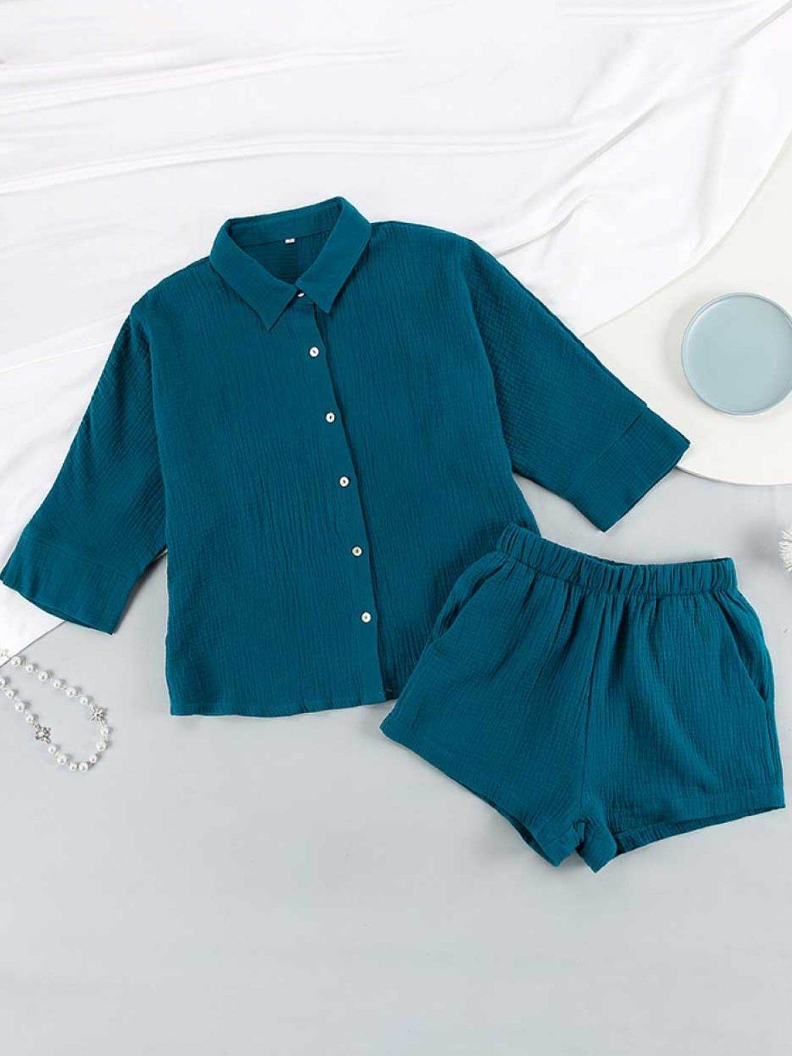 Texture Button Up Shirt and Shorts Set - DaTrendStore.Com