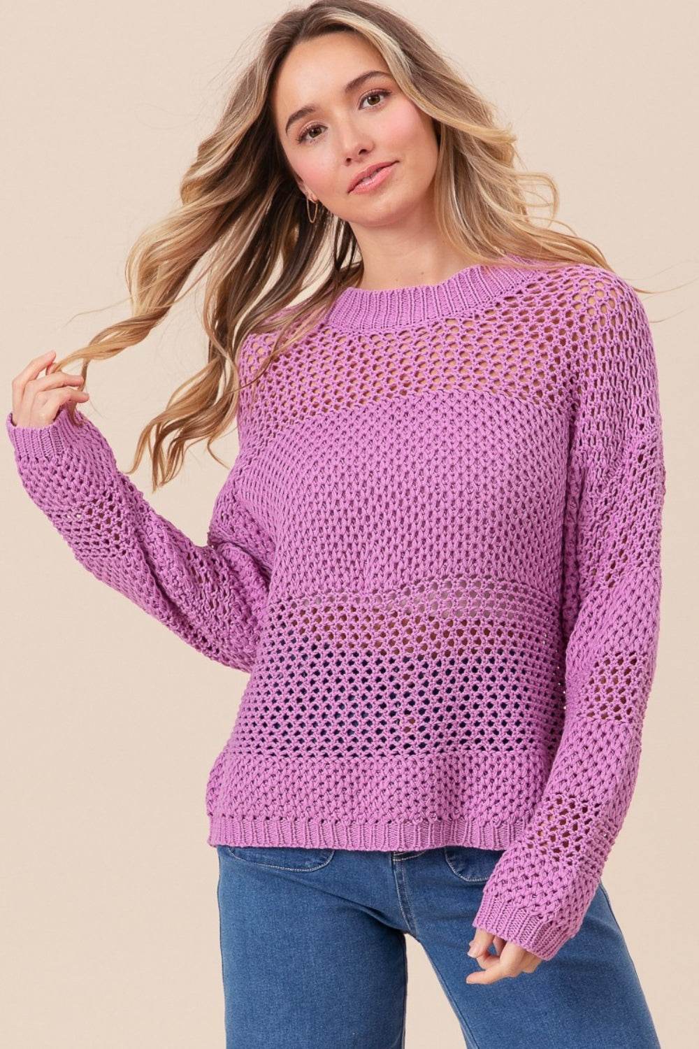 BiBi Openwork Long Sleeve Knit Top - DaTrendStore.Com