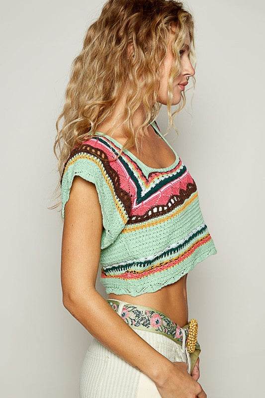 POL Openwork Ethnic Pattern Square Neck Cropped Knit Top - DaTrendStore.Com