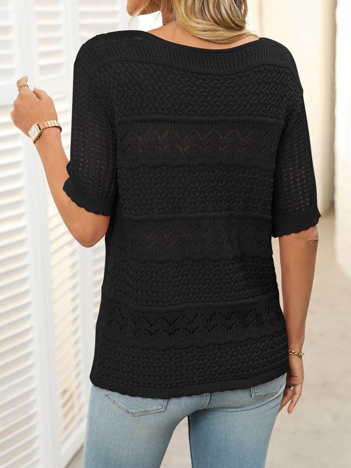 Openwork Round Neck Half Sleeve Knit Top - DaTrendStore.Com