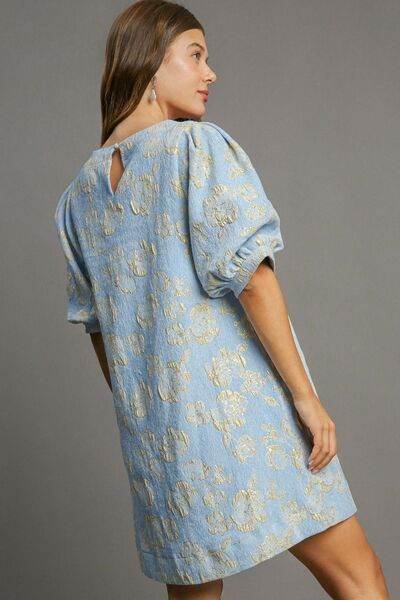 Umgee Floral Jacquard Puff Sleeve Mini Dress - DaTrendStore.Com