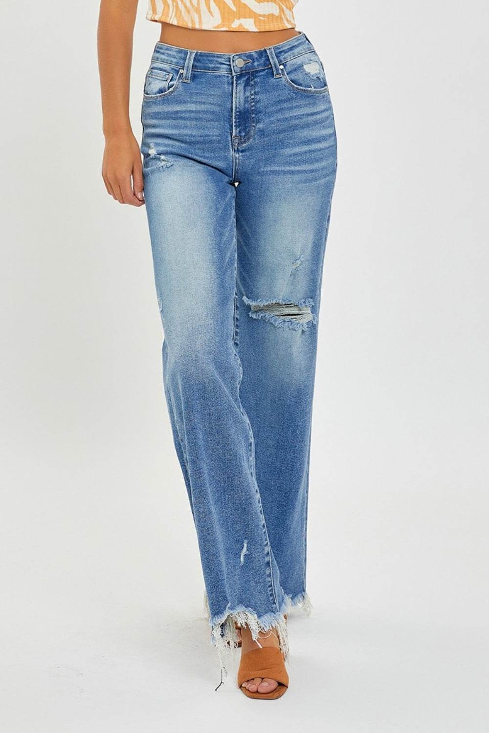 RISEN Full Size High Rise Frayed Hem Wide Leg Jeans - DaTrendStore.Com