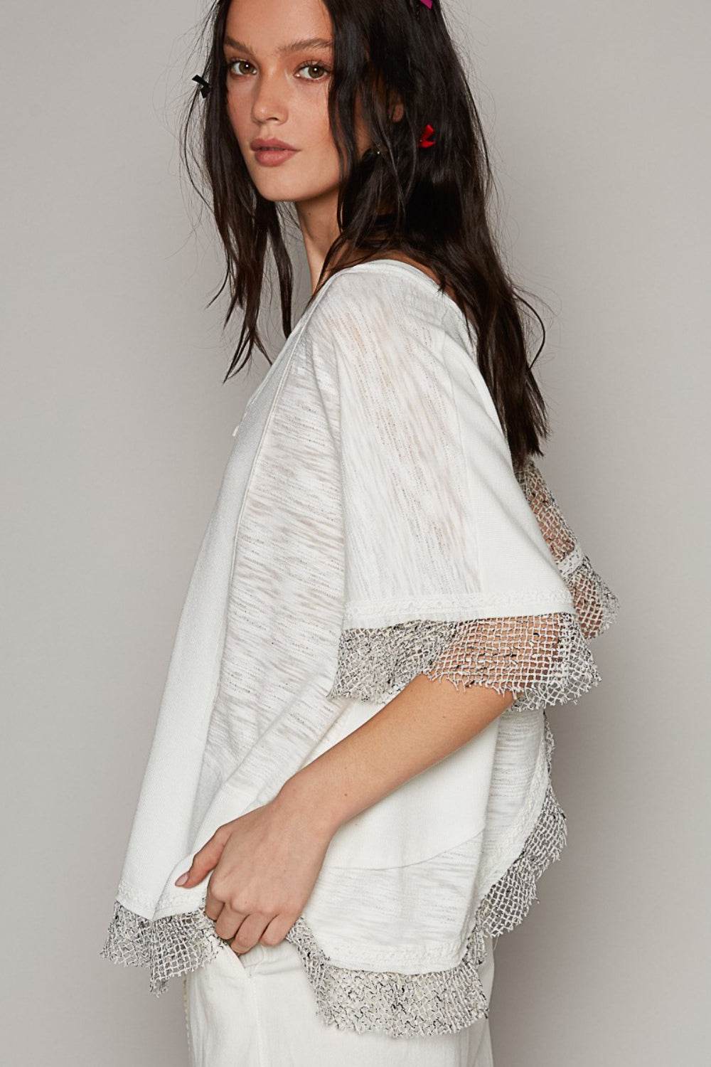 POL Openwork V-Neck Half Sleeve Top - DaTrendStore.Com