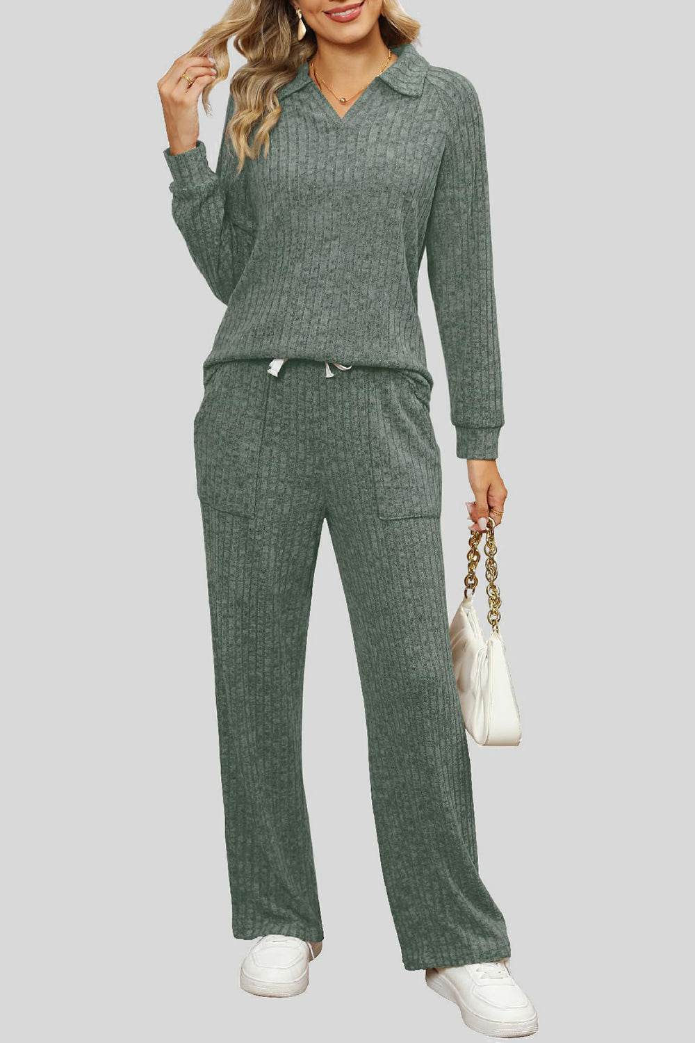 Ribbed Long Sleeve Top and Pocketed Pants Set - DaTrendStore.Com