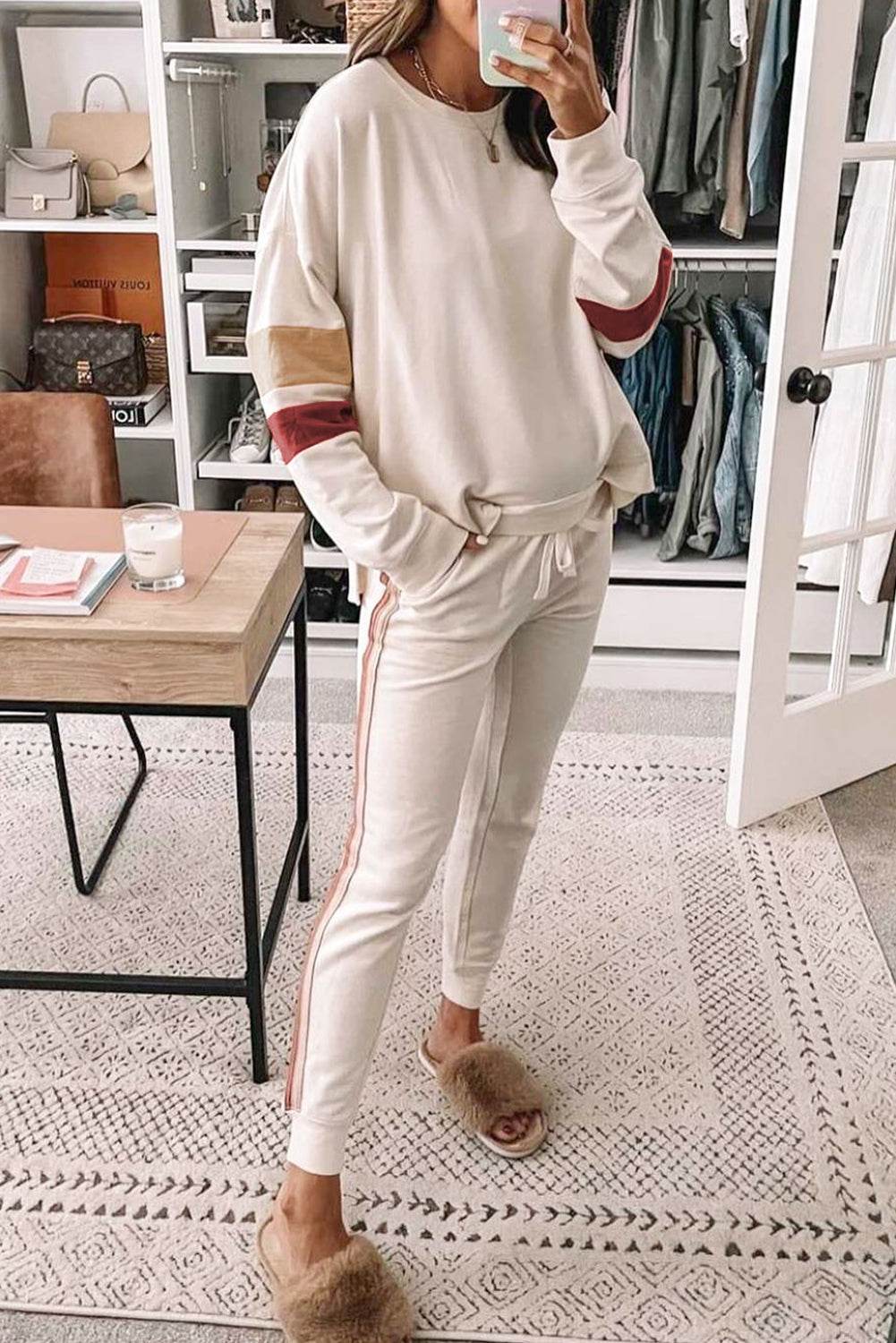Striped Round Neck Sweatshirt and Drawstring Joggers Set - DaTrendStore.Com