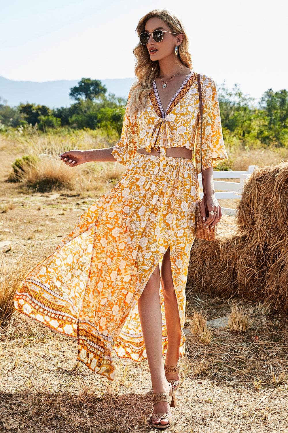 Printed Half Sleeve Top and Slit Skirt Set - DaTrendStore.Com