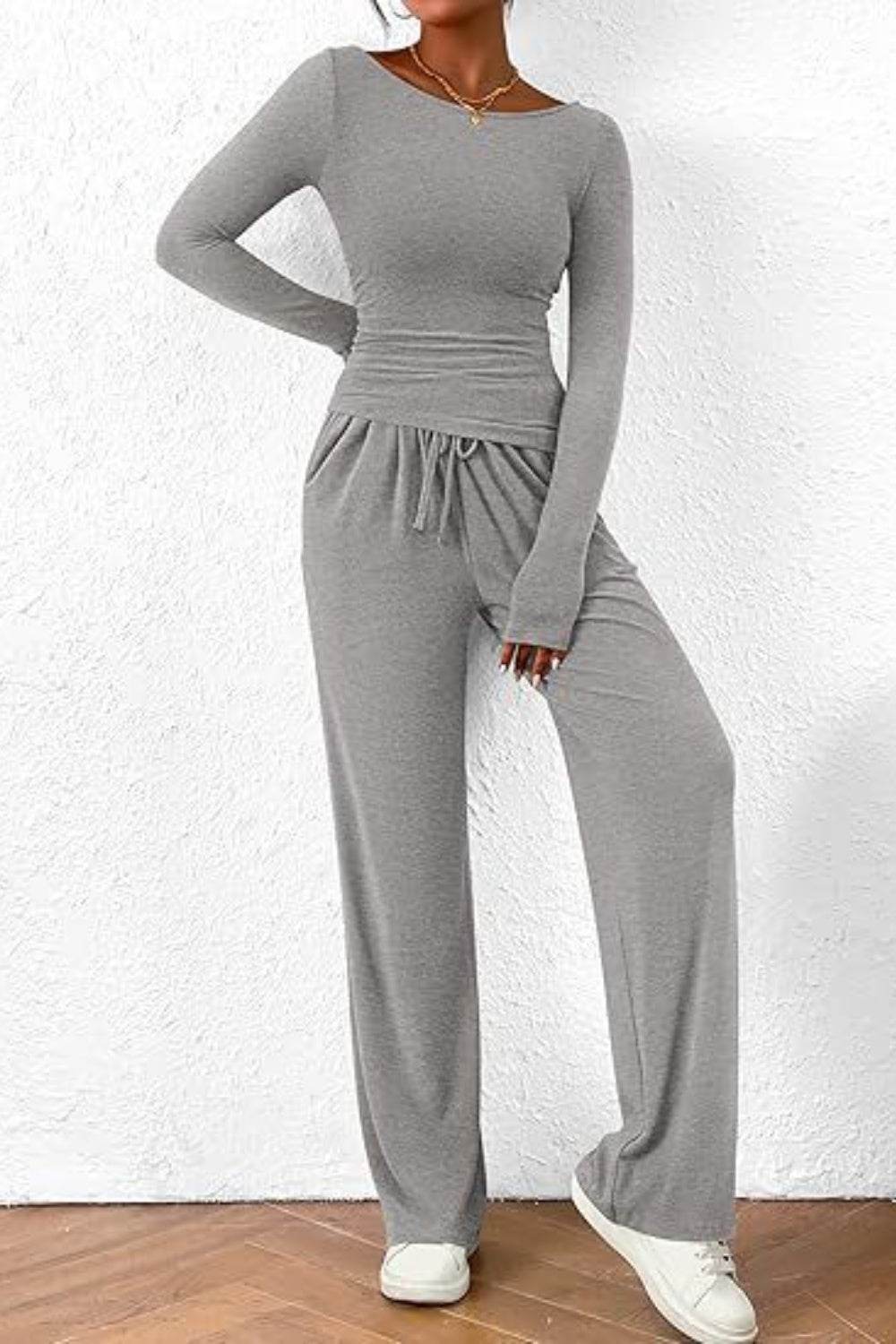 Round Neck Long Sleeve Top and Pants Set - DaTrendStore.Com