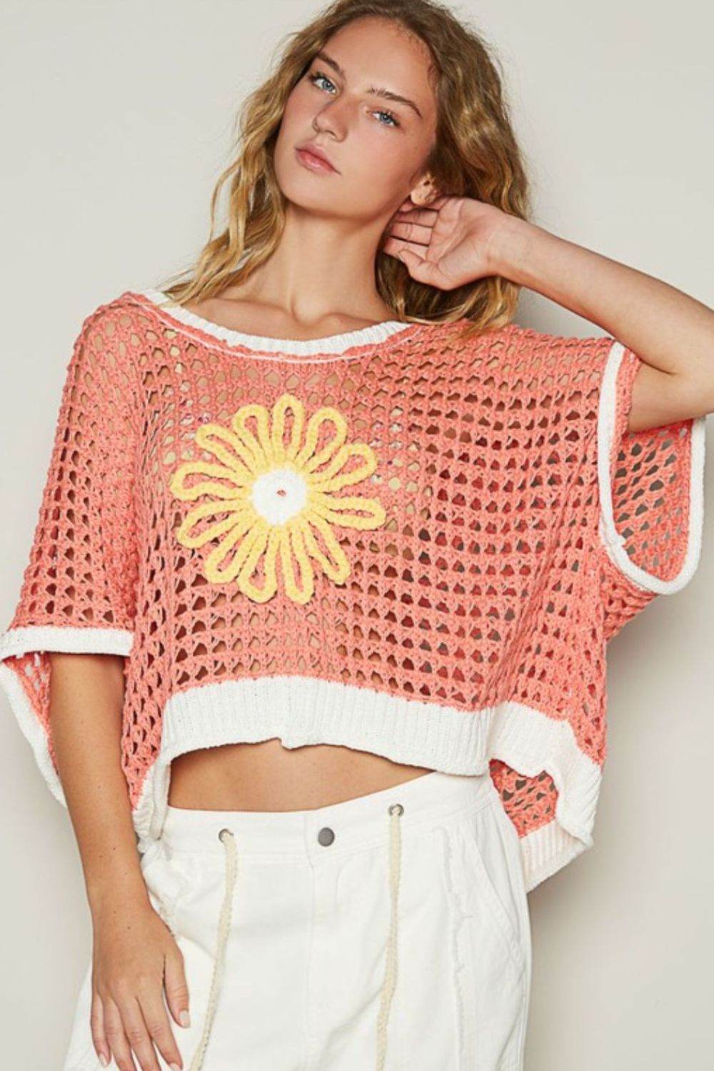 POL Hollow Out Flower Half Sleeve Knit Cover Up - DaTrendStore.Com