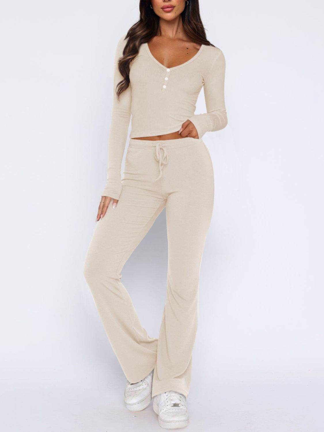 V-Neck Long Sleeve Top and Pants Set - DaTrendStore.Com