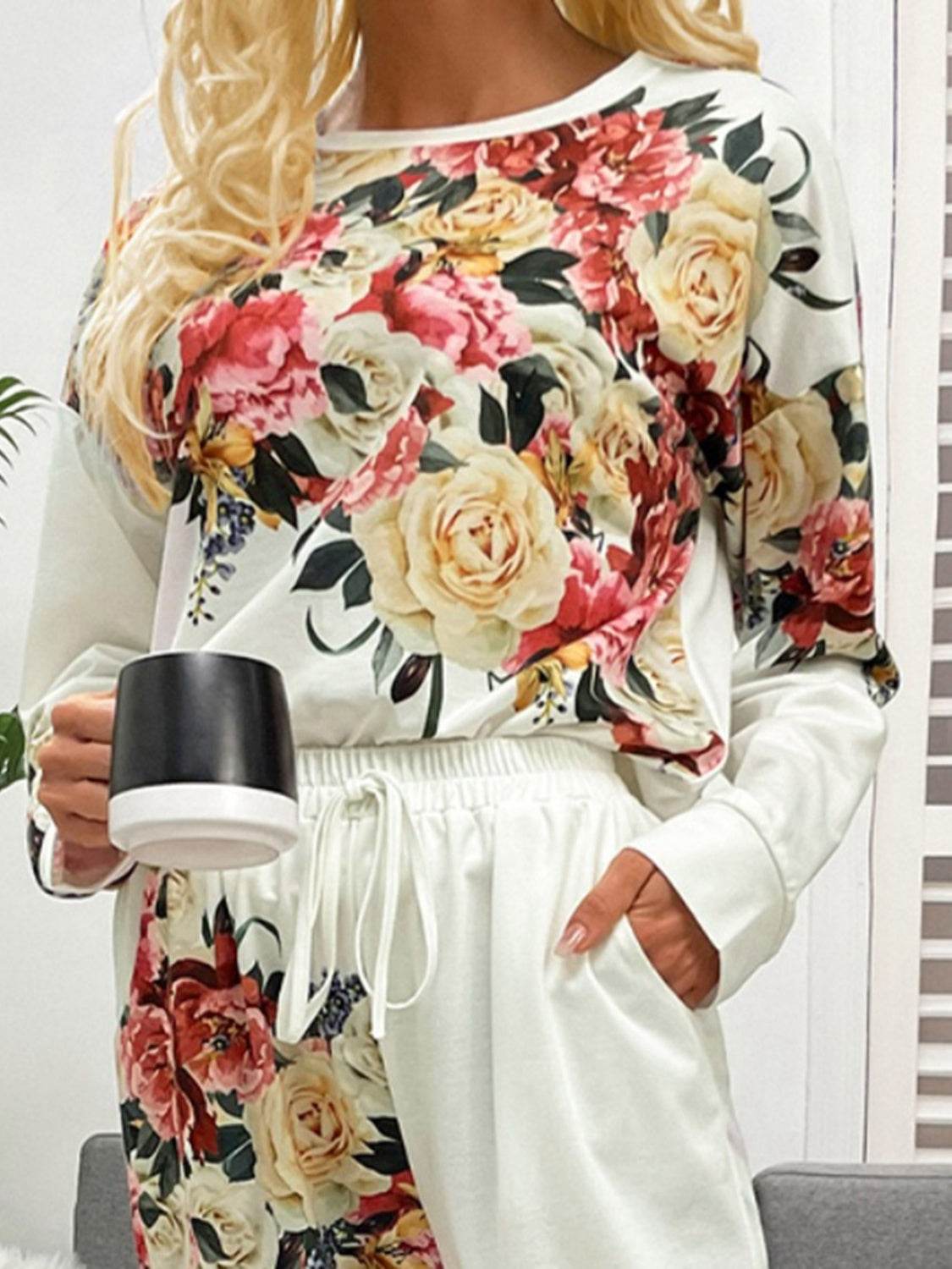 Shiny Printed Round Neck Top and Pants Lounge Set - DaTrendStore.Com