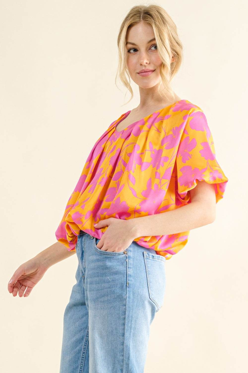 And The Why Full Size Printed Satin Bubble Hem Top - DaTrendStore.Com