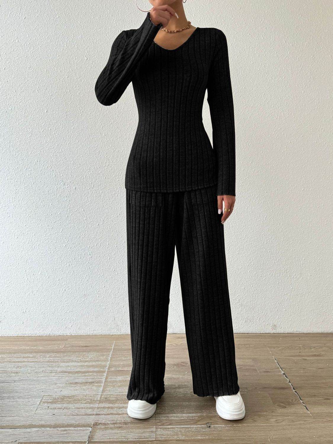 Ribbed V-Neck Long Sleeve Top and Pocketed Pants Set - DaTrendStore.Com