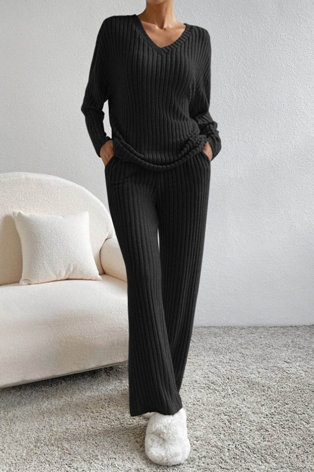 Ribbed V-Neck Top and Pants Set - DaTrendStore.Com