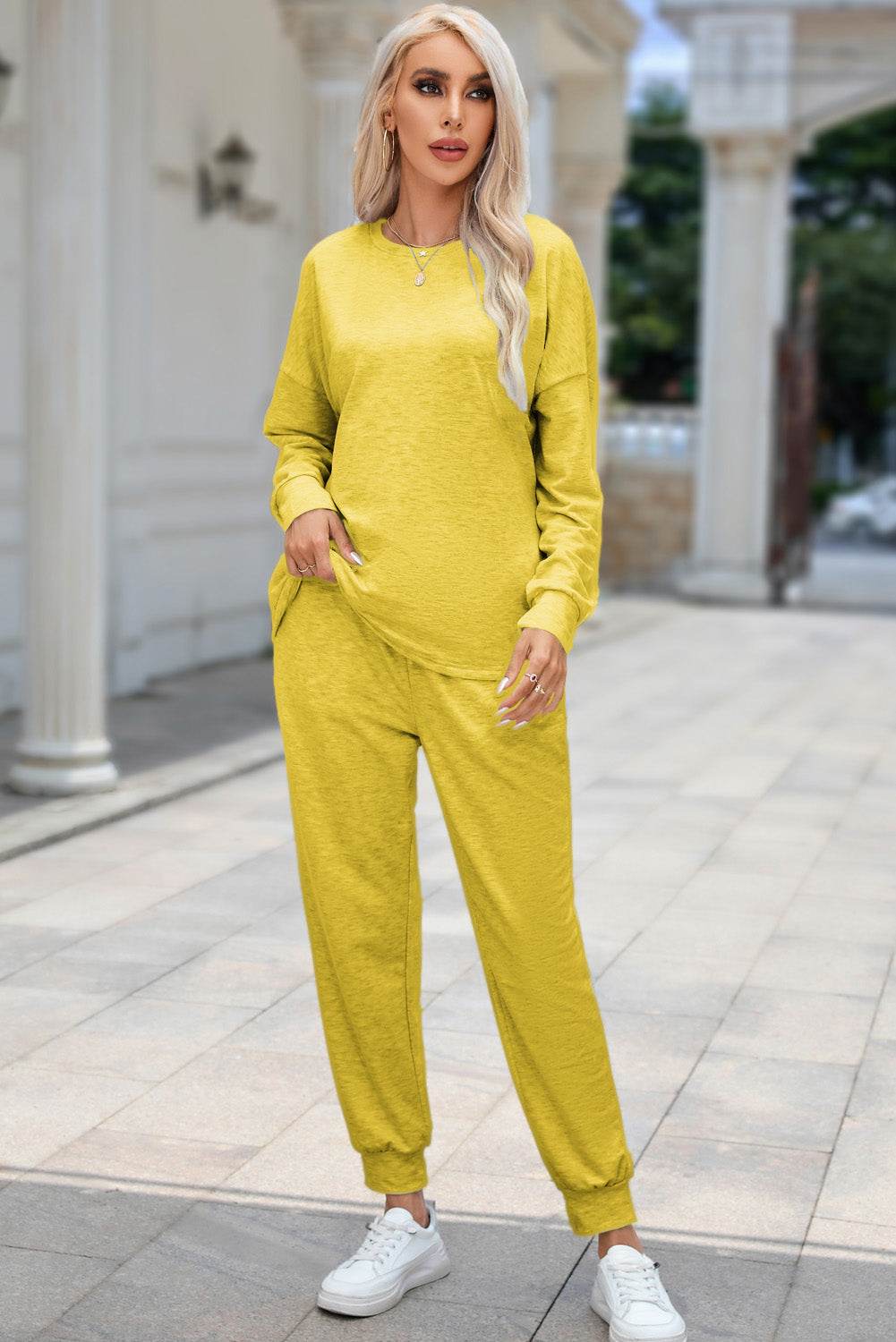 Round Neck Top and Drawstring Pants Lounge Set - DaTrendStore.Com