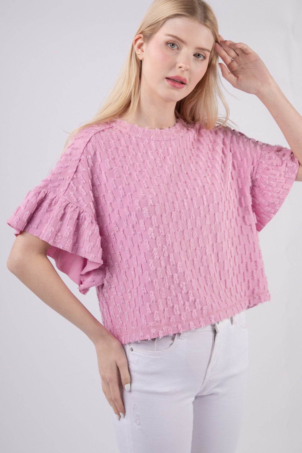 VERY J Full Size Texture Ruffle Short Sleeve Top - DaTrendStore.Com