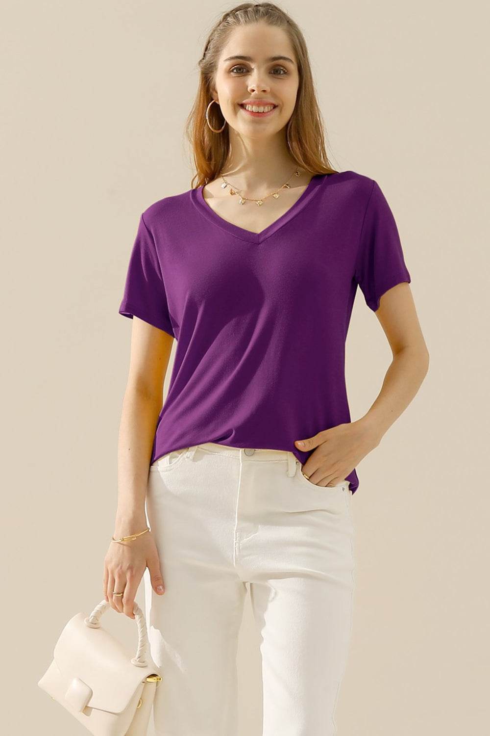 Ninexis Full Size V-Neck Short Sleeve T-Shirt - DaTrendStore.Com