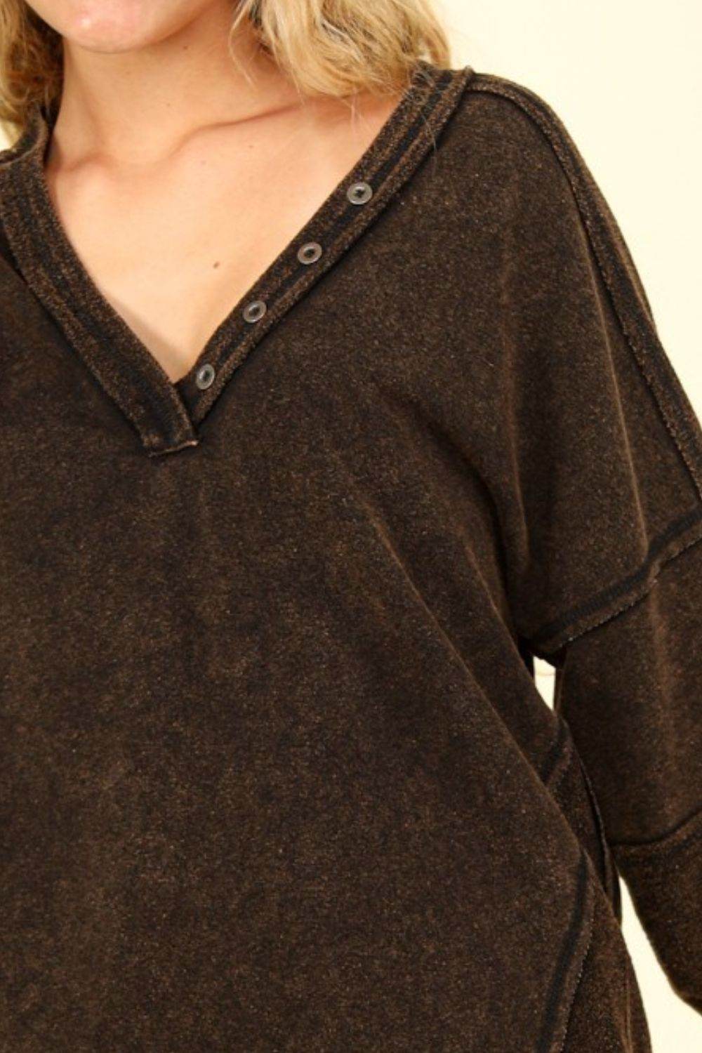 VERY J Washed V-Neck Exposed Seam Knit Top - DaTrendStore.Com