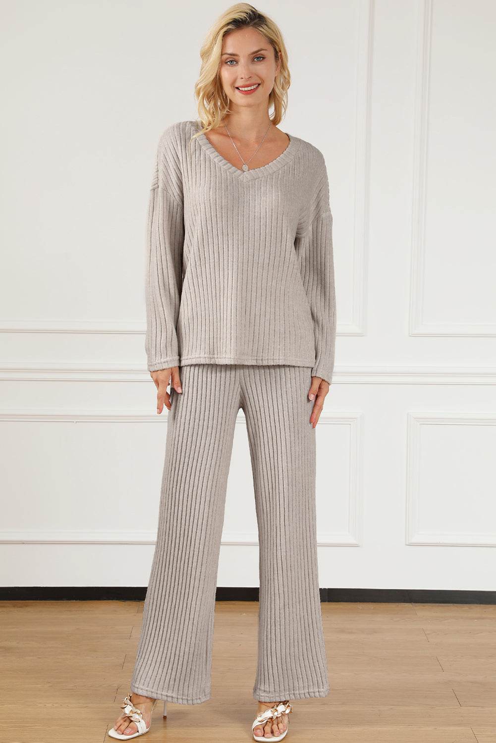 Ribbed V-Neck Top and Pants Lounge Set - DaTrendStore.Com