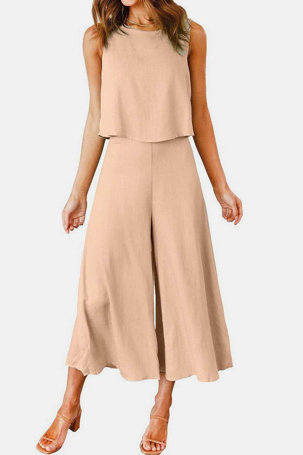 Round Neck Top and Wide Leg Pants Set - DaTrendStore.Com