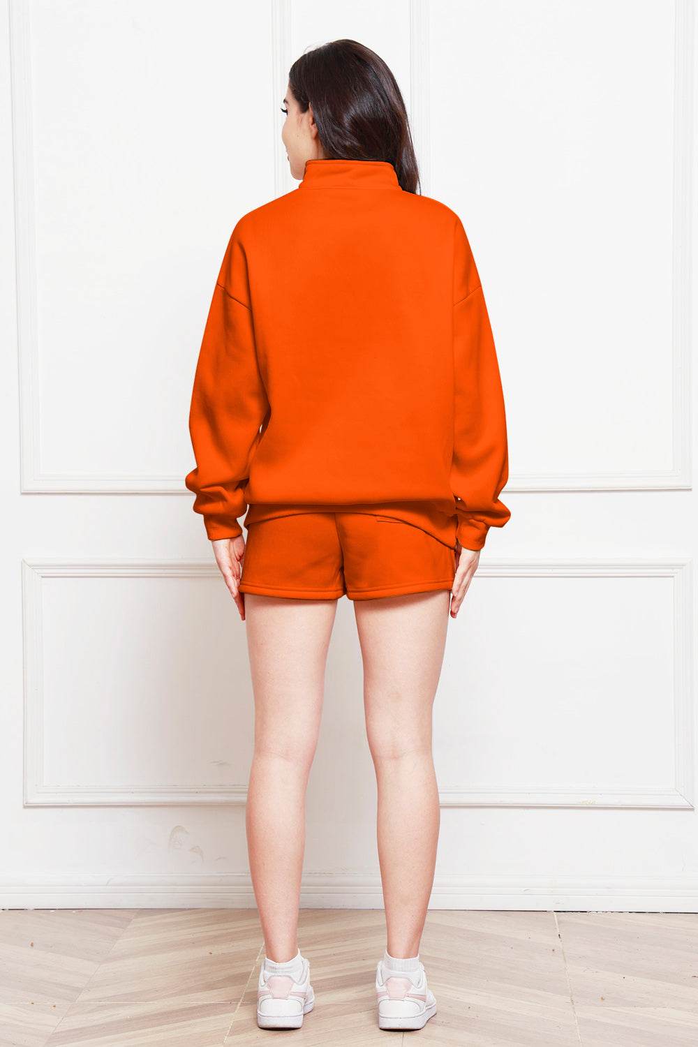 Half Zip Long Sleeve Sweatshirt and Drawstring Shorts Set - DaTrendStore.Com