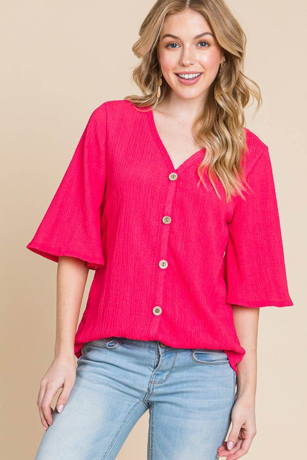 BOMBOM Texture Decorative Button V-Neck Top - DaTrendStore.Com