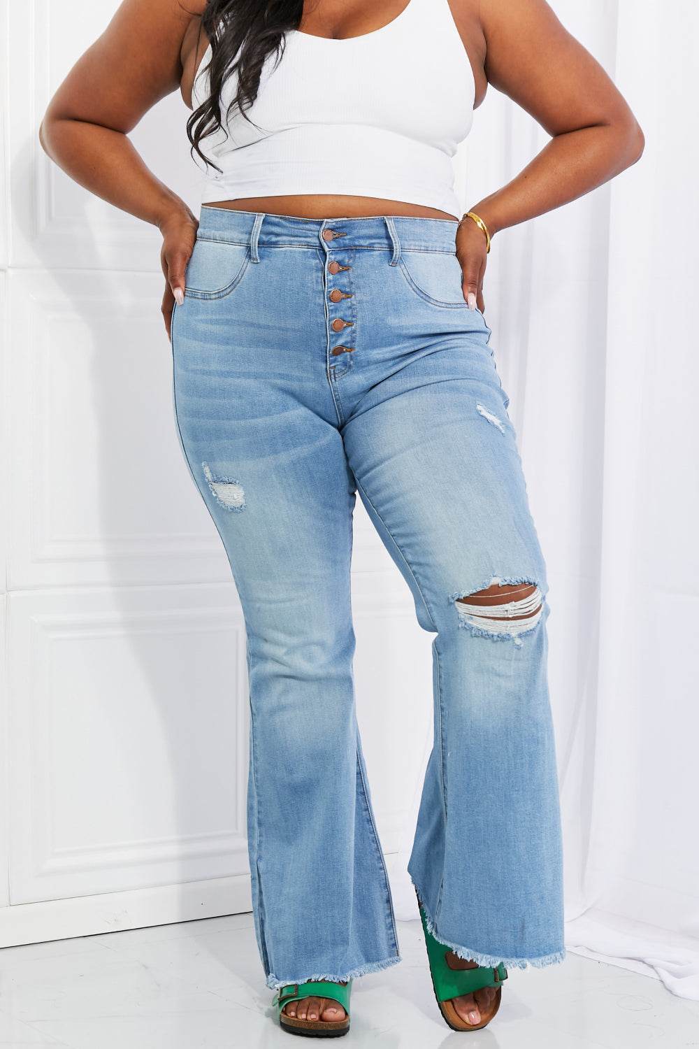 Vibrant MIU Full Size Jess Button Flare Jeans - DaTrendStore.Com