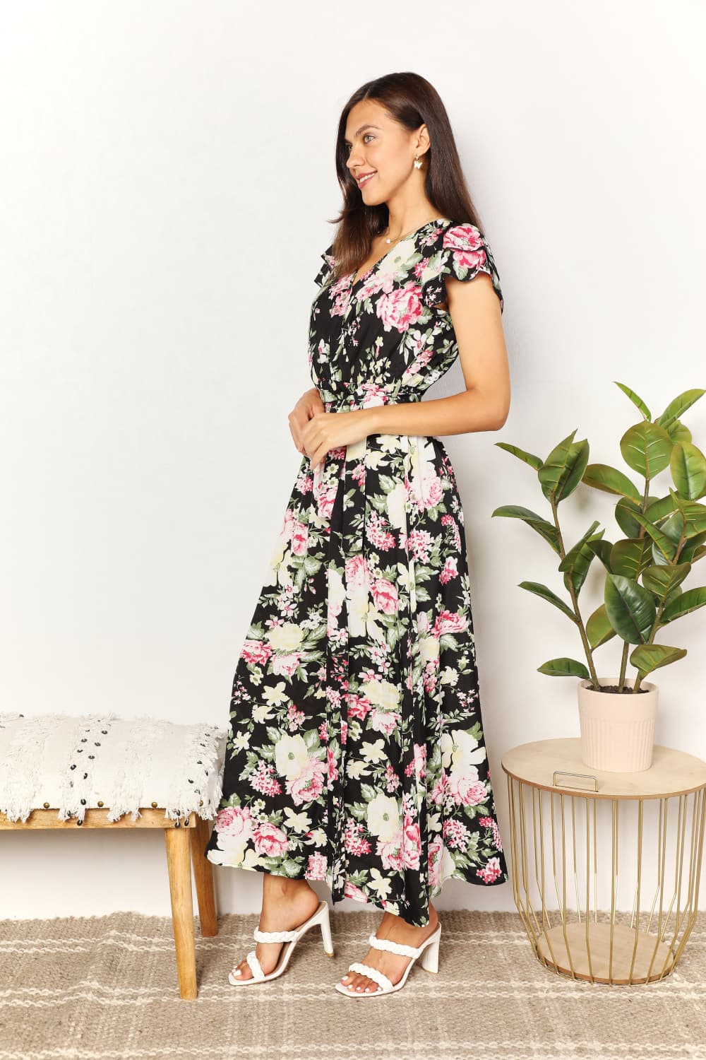 Perfee Floral Flutter Sleeve Tie-Waist Split Dress