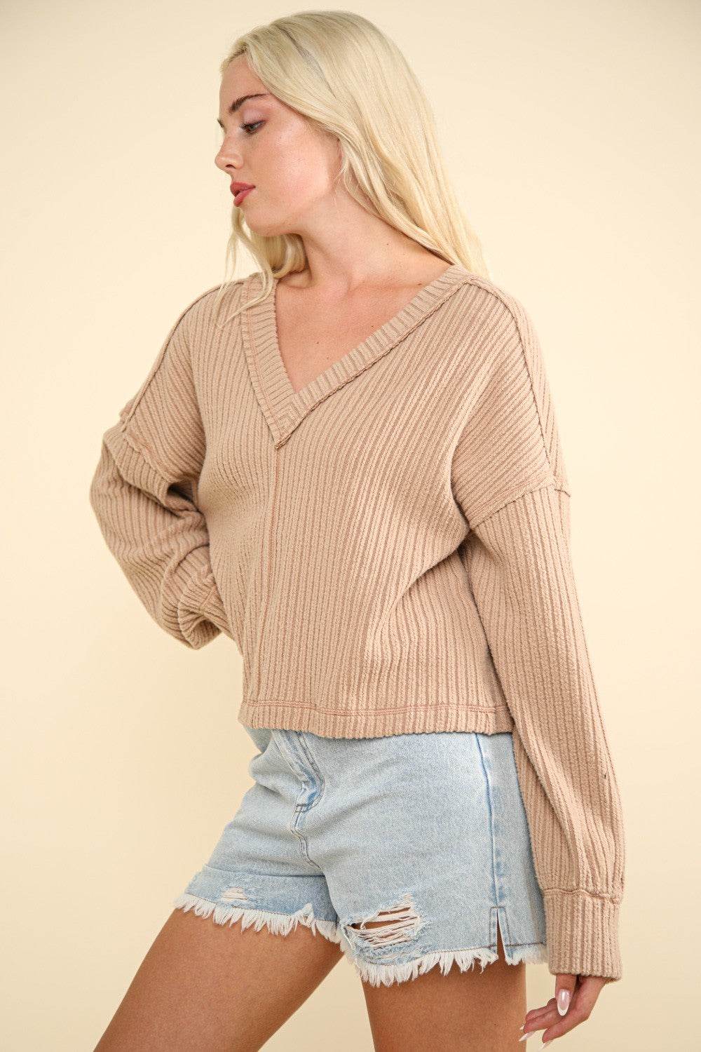 VERY J Exposed Seam V-Neck Ribbed Knit Top - DaTrendStore.Com