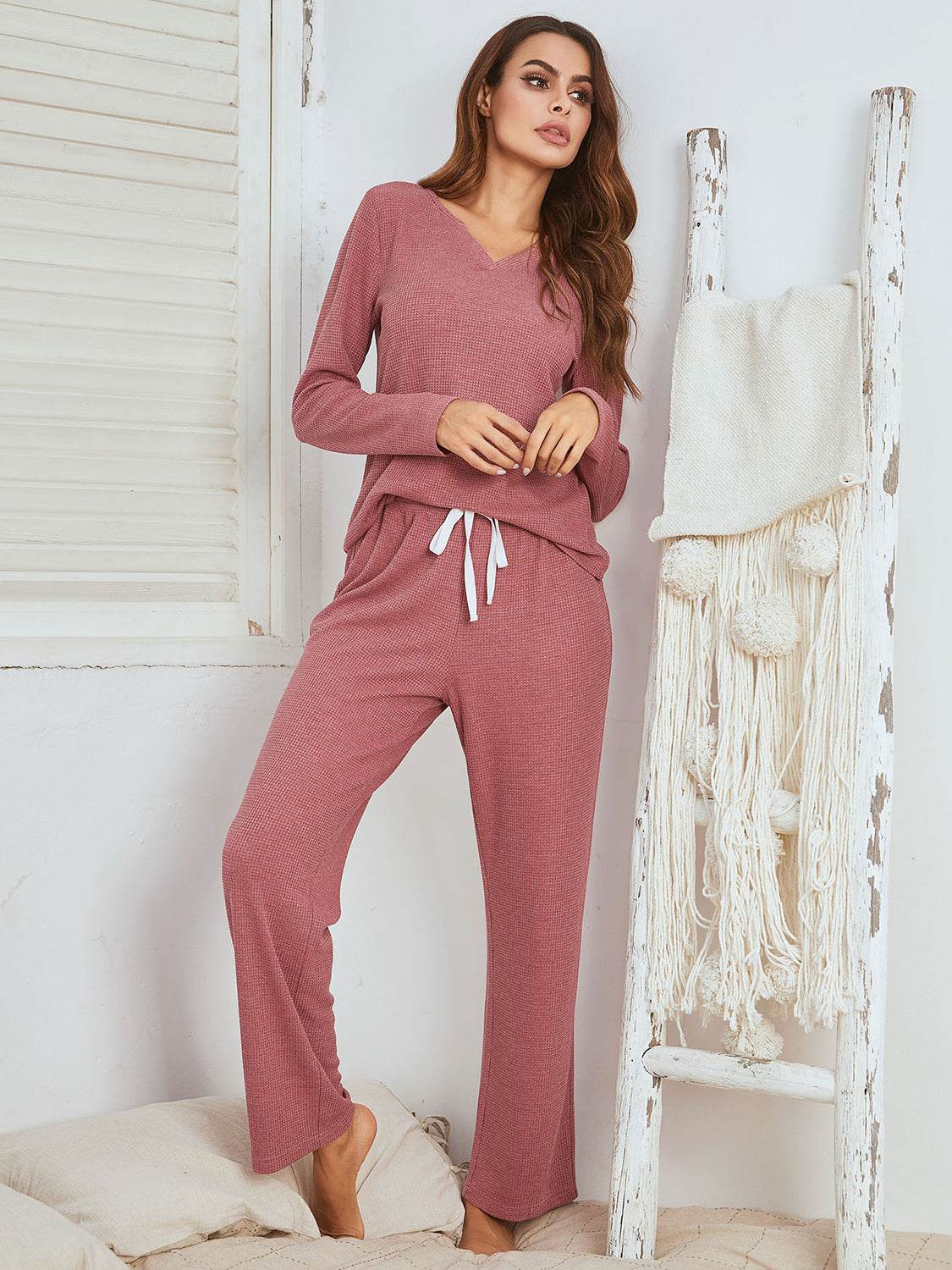 Notched Long Sleeve Top and Pants Set - DaTrendStore.Com