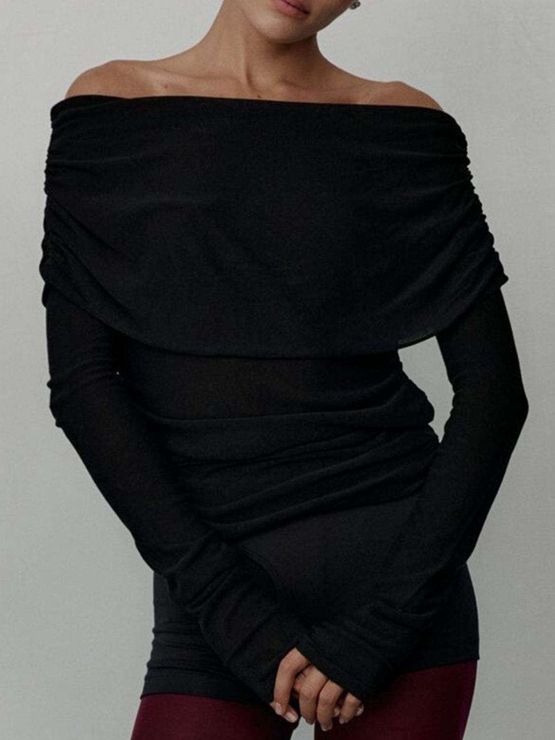 Off-Shoulder Long Sleeve Knit Top - DaTrendStore.Com