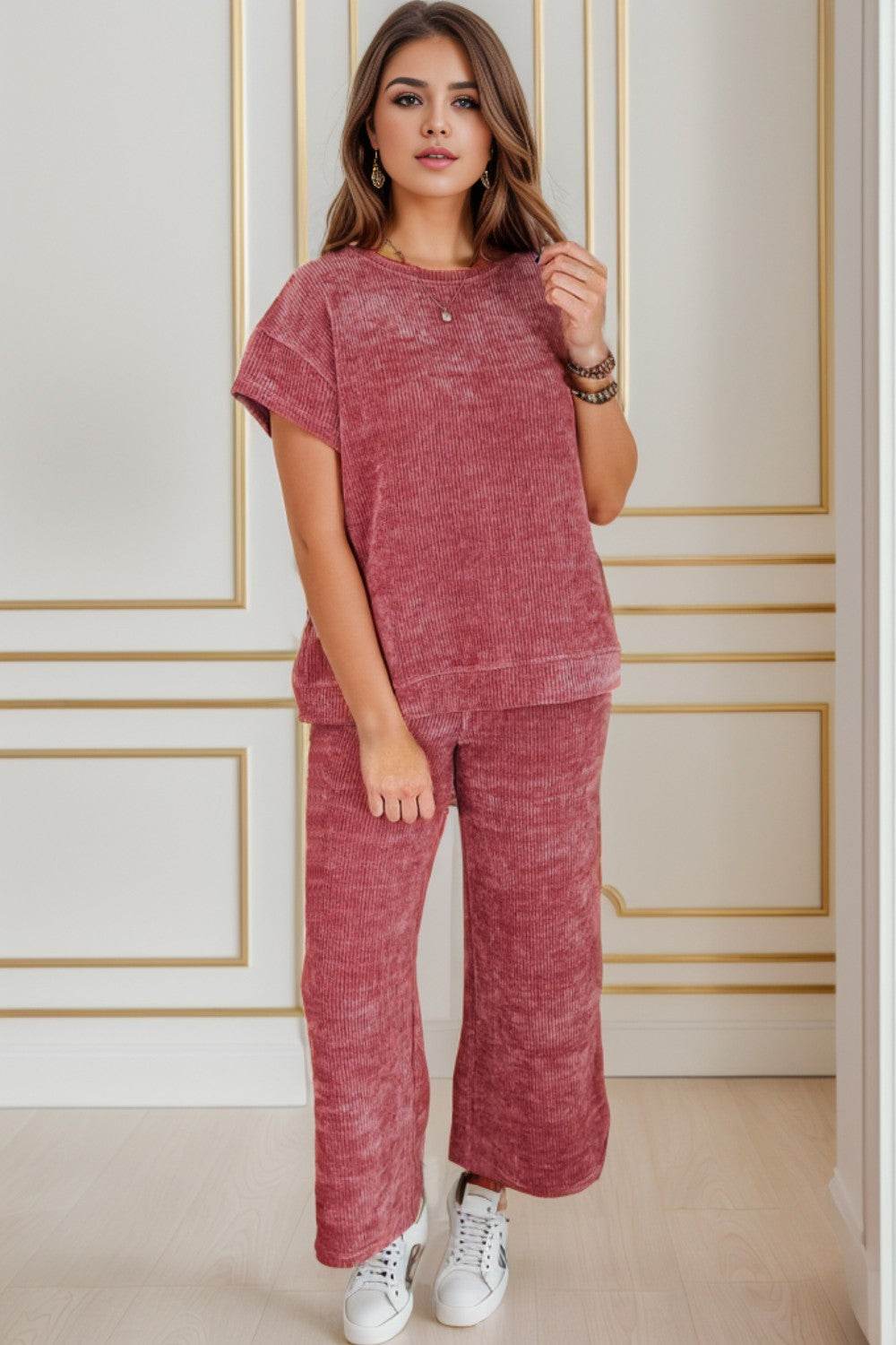 Round Neck Short Sleeve Top and Pants Set - DaTrendStore.Com