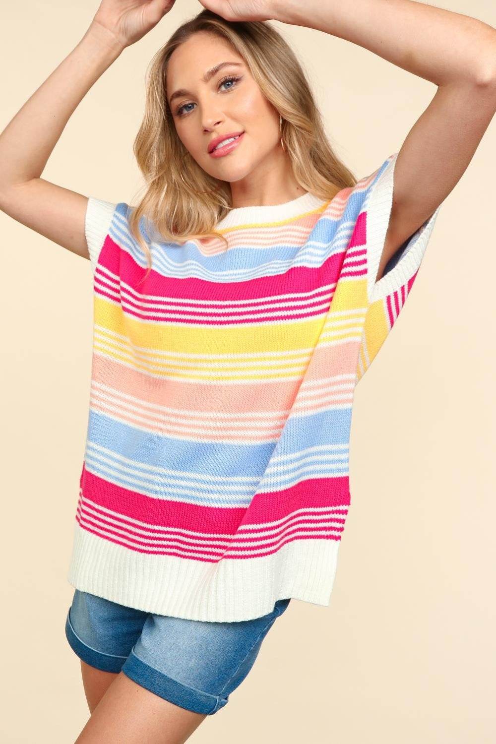 Haptics Striped Side Slit Short Sleeve Knit Top - DaTrendStore.Com