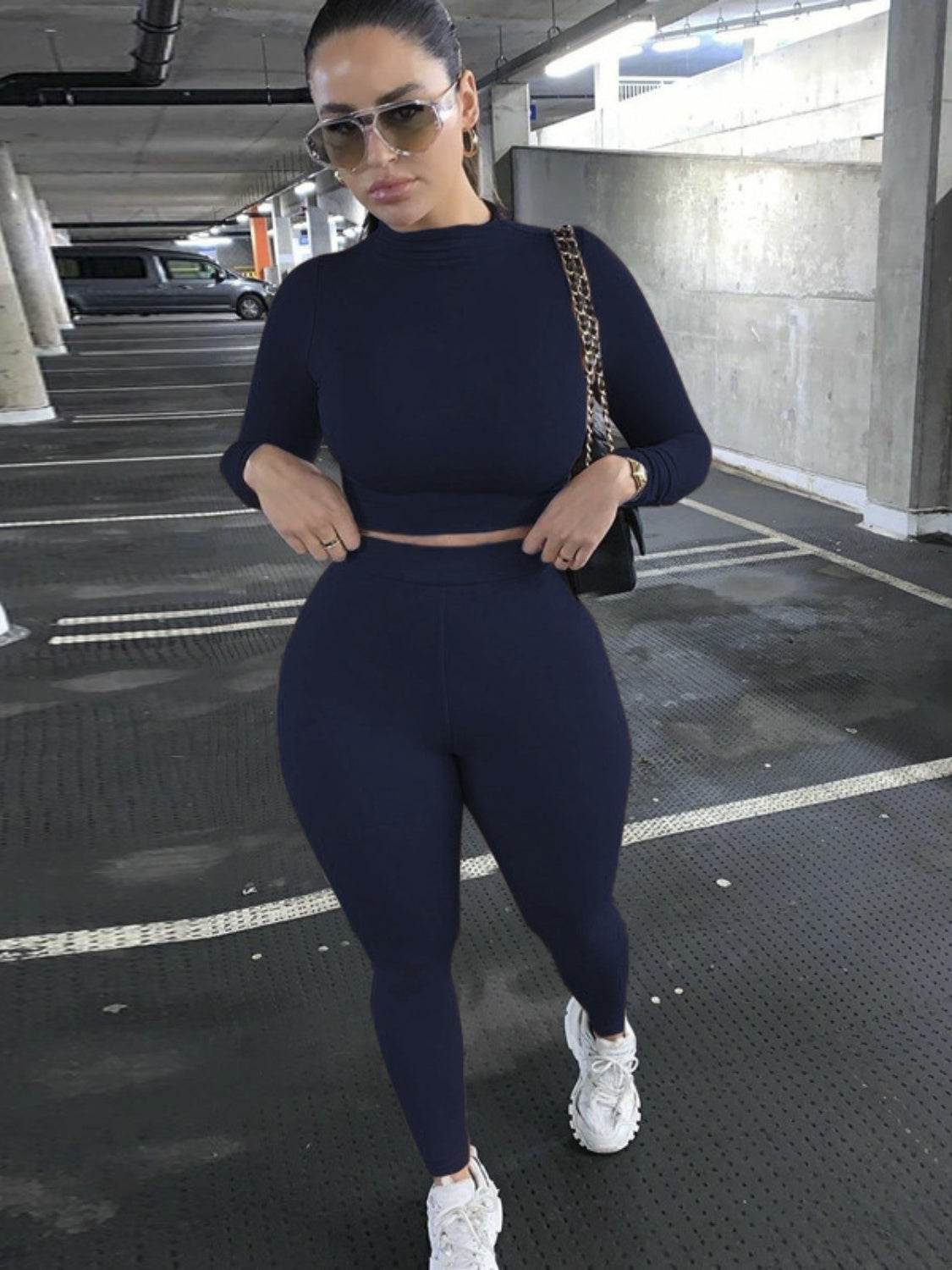 Mock Neck Long Sleeve Top and High Waist Pants Set - DaTrendStore.Com