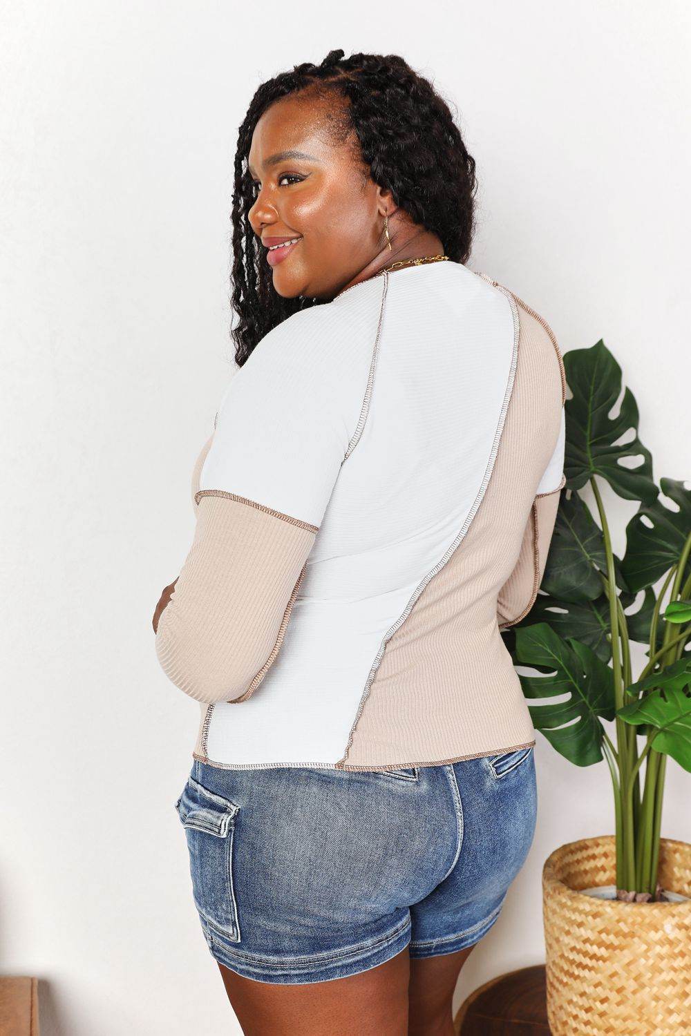 Double Take Color Block Exposed Seam Top - DaTrendStore.Com