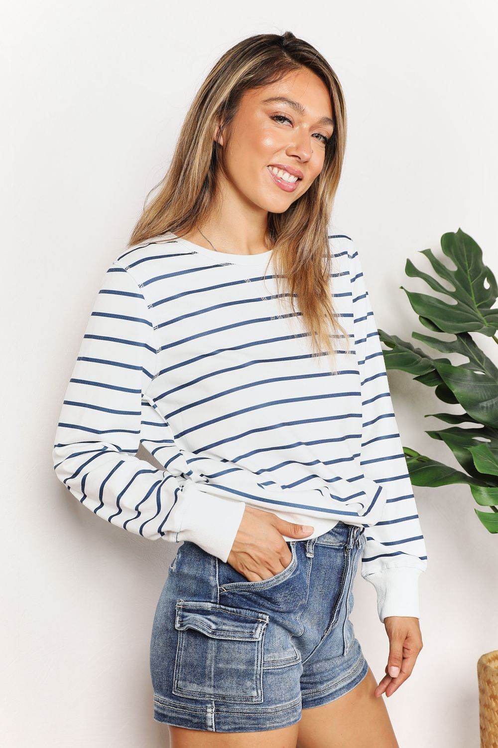 Double Take Striped Long Sleeve Round Neck Top - DaTrendStore.Com