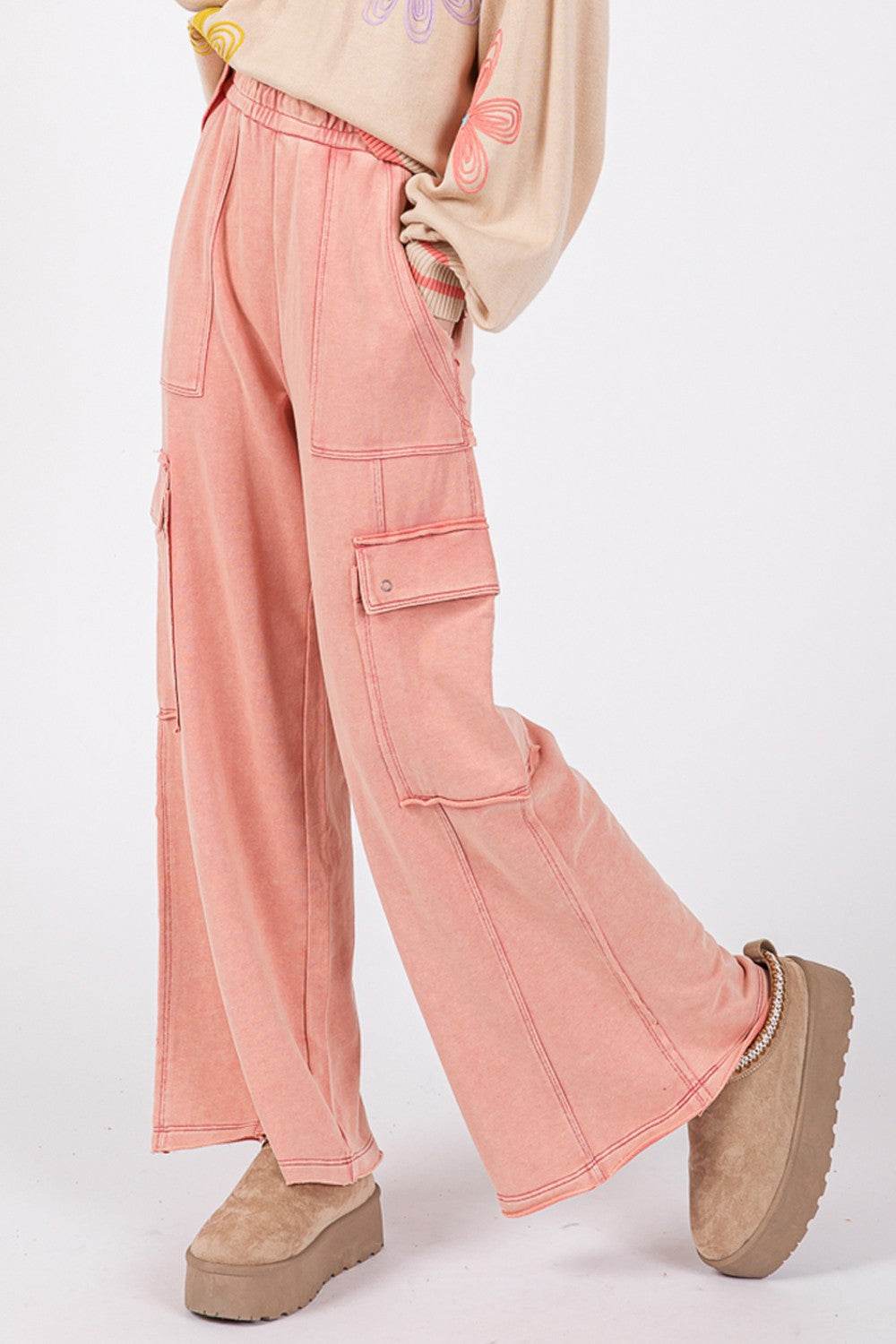 SAGE + FIG Knit Terry Mineral Wash Wide Leg Pants - DaTrendStore.Com