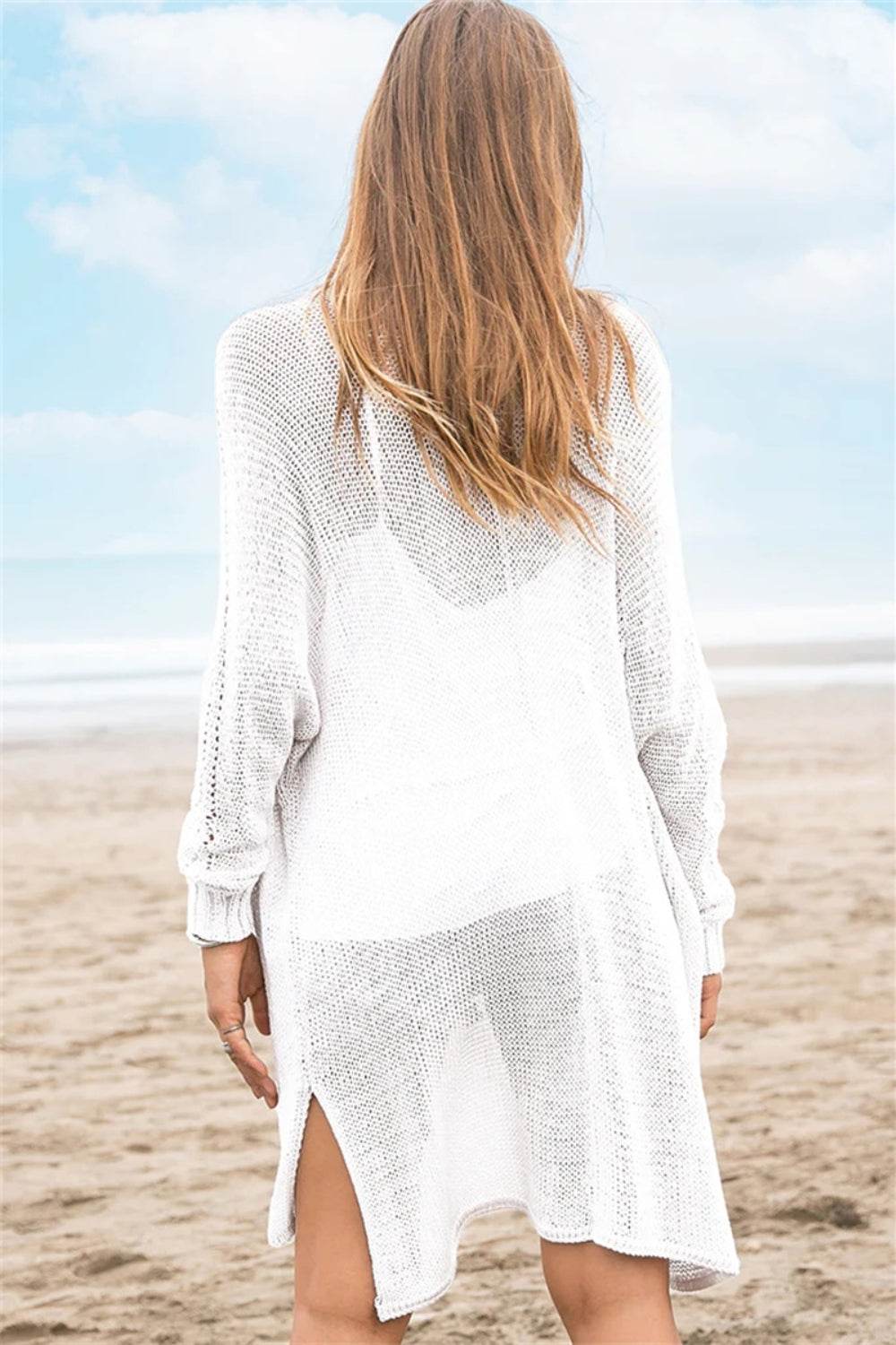 Openwork Side Slit Open Front Long Sleeve Cardigan - DaTrendStore.Com