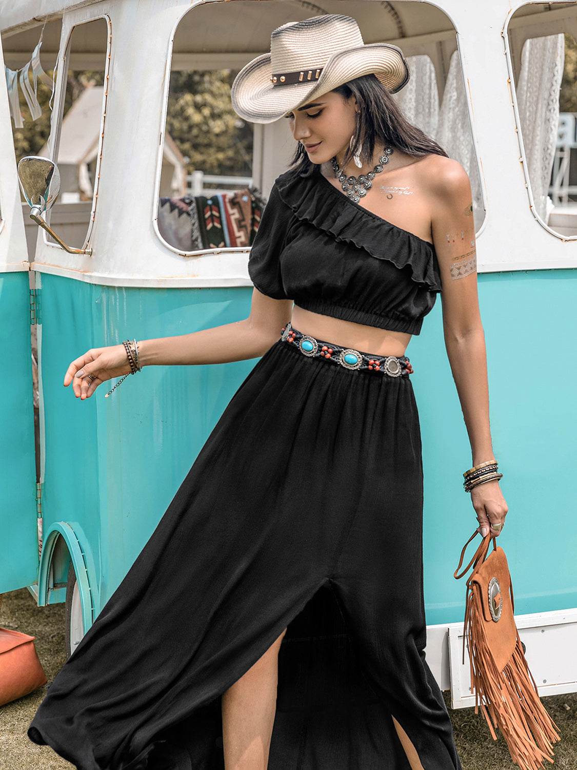 Ruffled Single Shoulder Top and Slit Skirt Set - DaTrendStore.Com