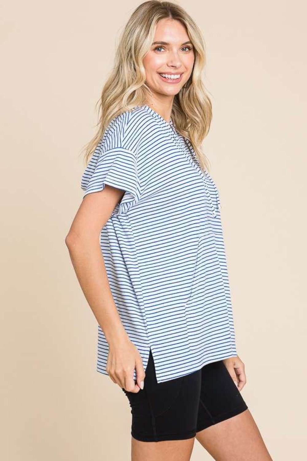 Culture Code Full Size Striped Short Sleeve Hooded Top - DaTrendStore.Com