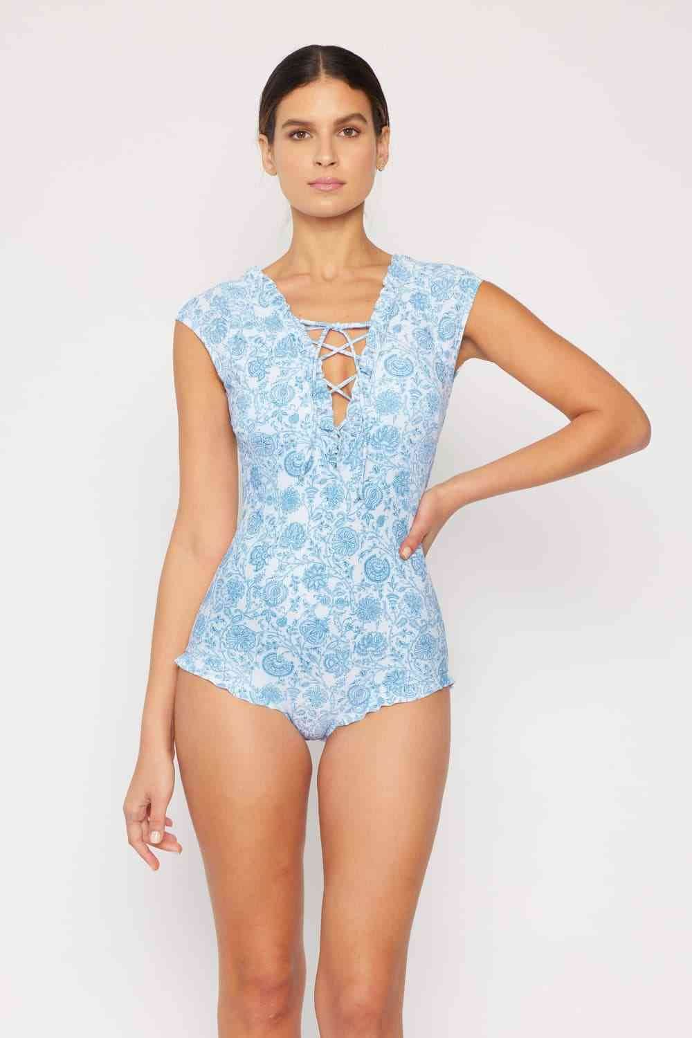 Marina West Swim Bring Me Flowers V-Neck One Piece Swimsuit In Thistle Blue - DaTrendStore.Com