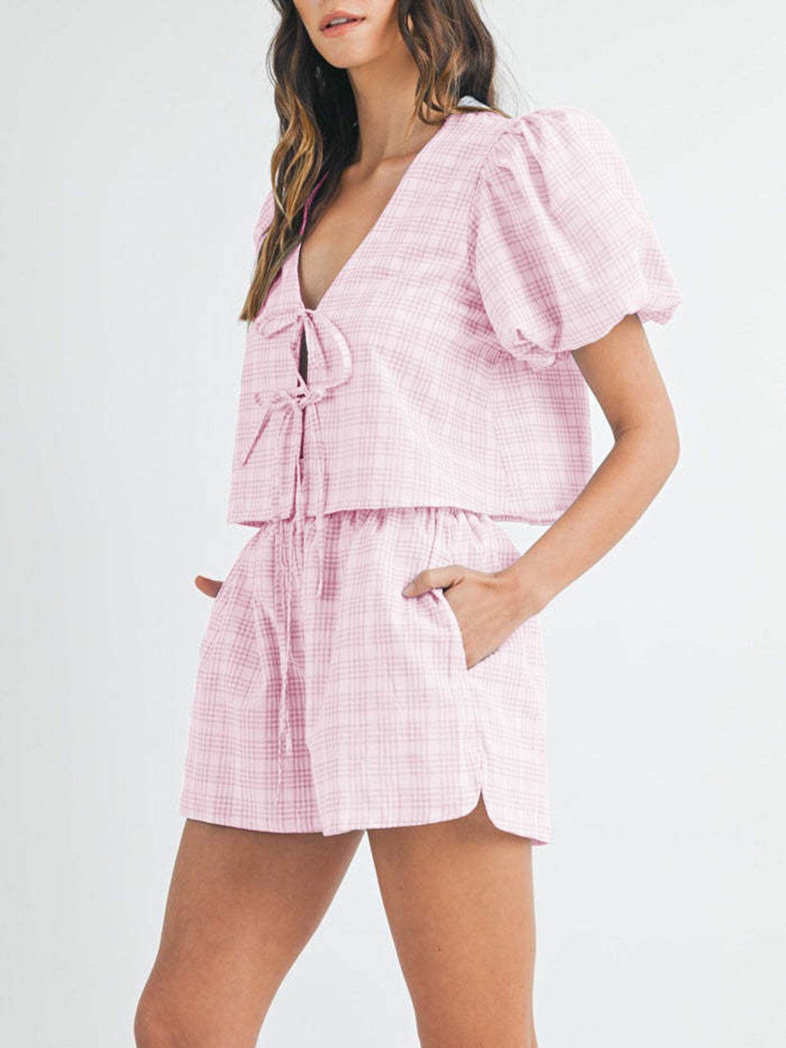 V-Neck Puff Sleeve Top and Shorts Set - DaTrendStore.Com