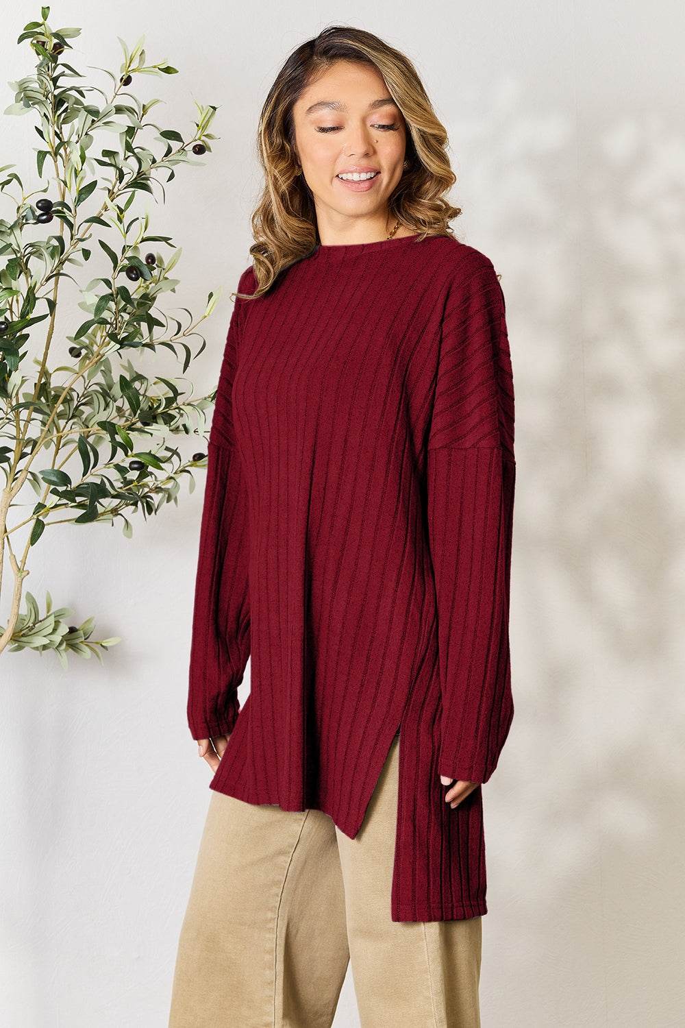 Basic Bae Full Size Ribbed Round Neck Long Sleeve Slit Top - DaTrendStore.Com