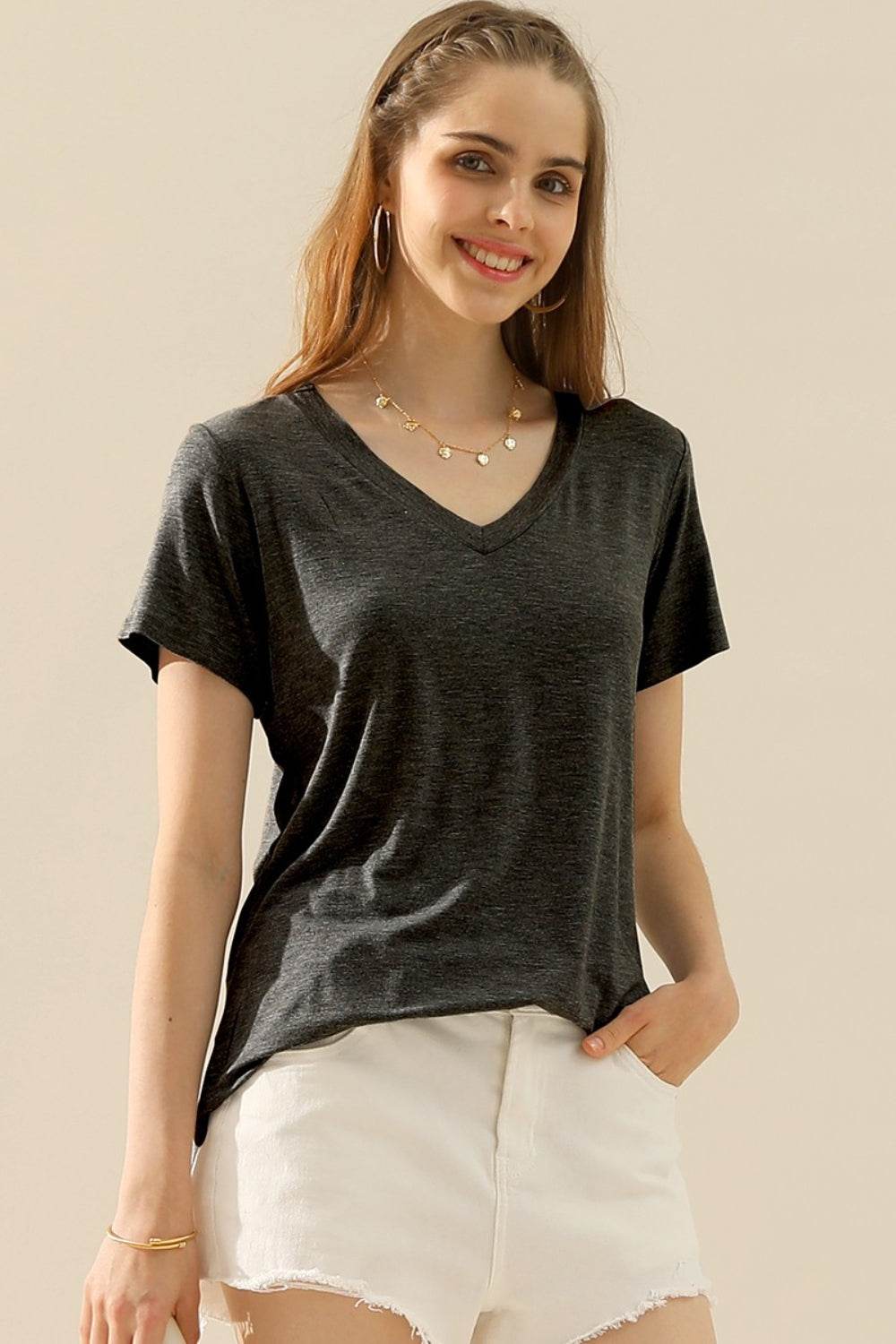 Ninexis Full Size V-Neck Short Sleeve T-Shirt - DaTrendStore.Com