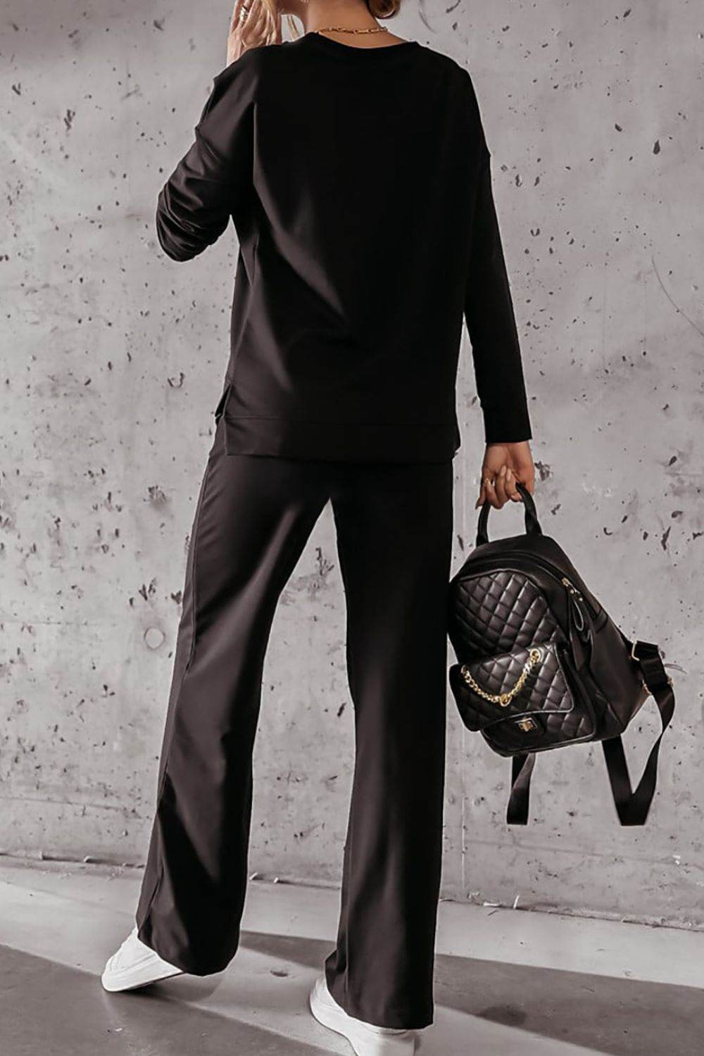 Round Neck Long Sleeve Top and Pocketed Pants Set - DaTrendStore.Com