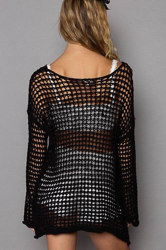 POL Side Slit Openwork Long Sleeve Knit Cover Up - DaTrendStore.Com