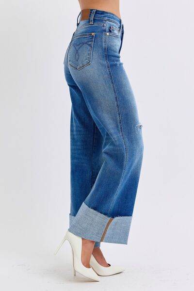 Judy Blue Full Size Distressed High Waist Wide Leg Jeans - DaTrendStore.Com