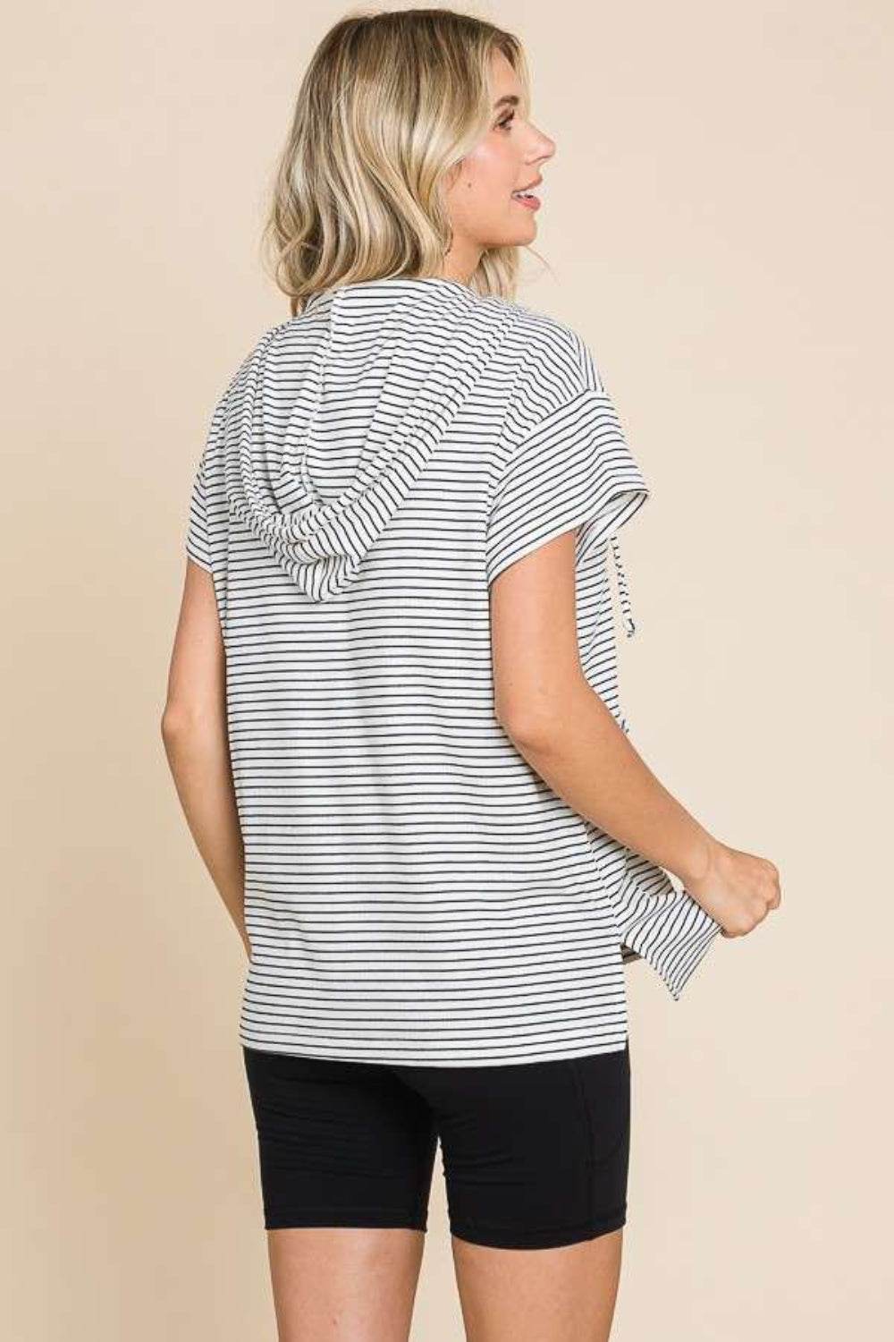 Culture Code Full Size Striped Short Sleeve Hooded Top - DaTrendStore.Com